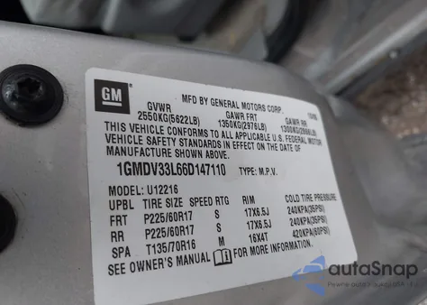 2006 Pontiac Montana Sv6 z USA, uszkodzony, nr VIN 1GMDV33L66D147110